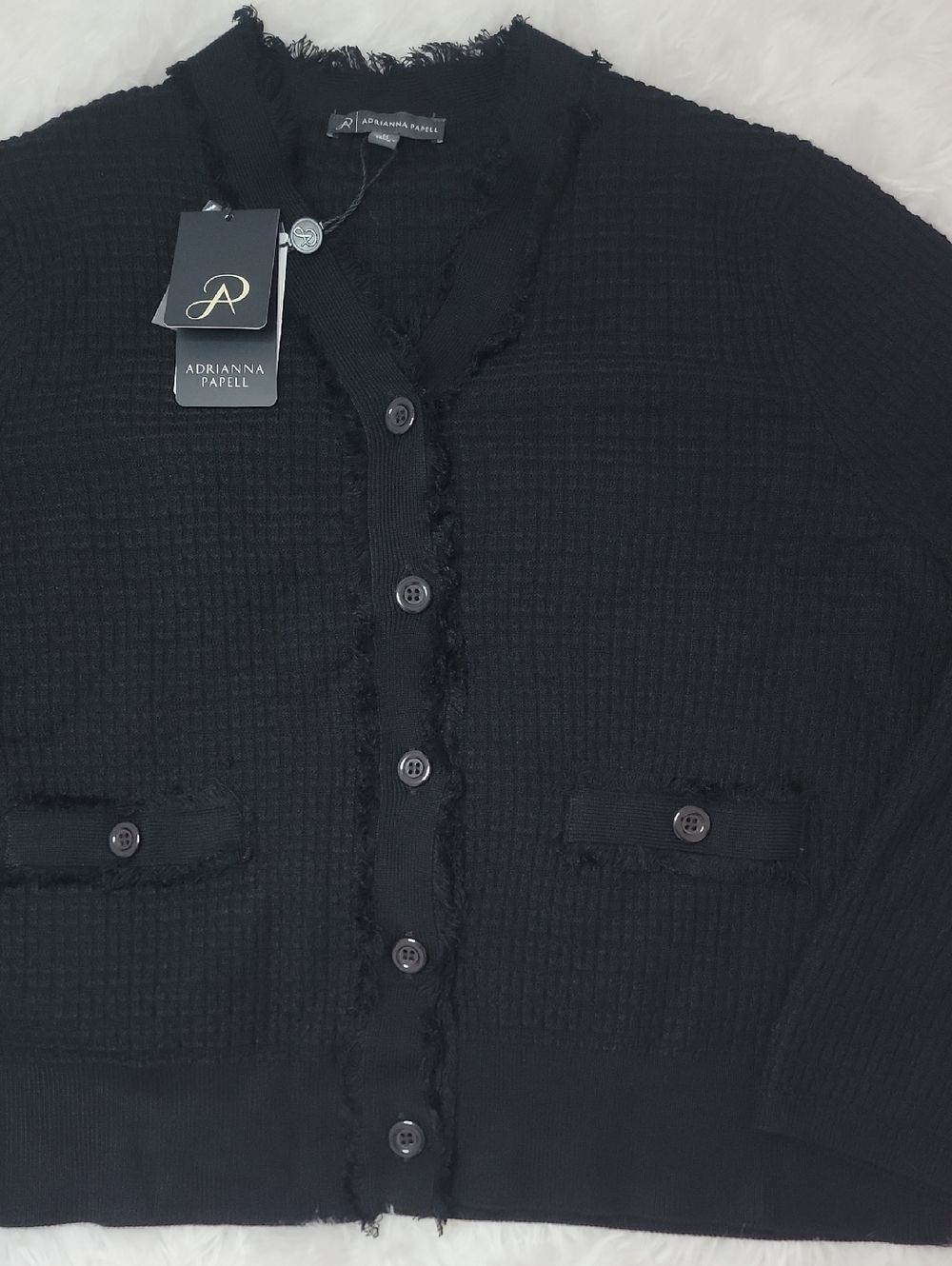 Adrianna Papell Black Fringed Button Front Cardigan. Medium. NWT - Picture 2 of 5